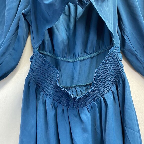 iGENJUN Off Shoulders Lantern Sleeve Smocked Backless A-Line Dress Women L Blue - Picture 12 of 16